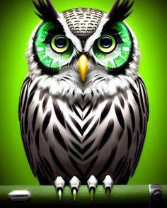 an owl with green eyes is sitting on a branch in front of a green background