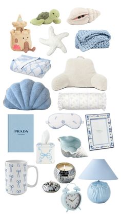 a collection of baby items including blankets, hats and other things