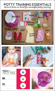 an advertisement for potty training essentials with pictures of items and instructions to use them