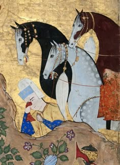 an image of two horses that are in the painting on paper with gold and blue colors