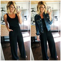 May Outfits Casual Classy, Jumpsuit Outfit For Work, Transitional Fashion Summer To Fall, Jumpsuit And Denim Jacket Outfit, Express Clothing Outfits, Comfortable Spring Outfits Casual, Black Jumpsuit With Jean Jacket, Buissnes Casual Outfits Woman Spring, Jacket Over Jumpsuit