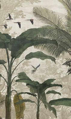 an image of birds flying in the air above trees and plants on a wallpapered background