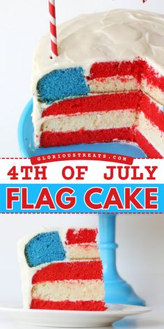 Need a simple 4th of July dessert? Bake up this patriotic cake! It's an easy 4th of July recipe using vanilla cake and vanilla frosting. With layers of red, white, and blue, this American flag cake is fun and festive! Save this 4th of July cake idea! 4th Of July Flag Cake, Red White Blue Cake, Flag Cake Recipe, 4th Of July Dessert