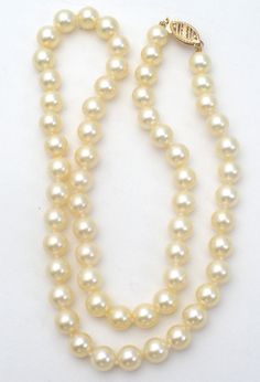 Knotted White Pearl Necklace 14K Gold 16" - The Jewelry Lady's Store Classic Cream Pearl Necklace With Pearl Charm, Classic 8mm Bead Pearl Necklace For Formal Occasions, Classic Formal Pearl Necklace With 8mm Beads, Classic Cream Pearl Chain Necklace, Cream Pearl Necklace For Formal Occasions, Formal Single Strand Cream Pearl Necklace, Formal Cream Single Strand Pearl Necklace, Formal Cream Pearl Necklace, Formal Pearl Necklace With 8mm Beads