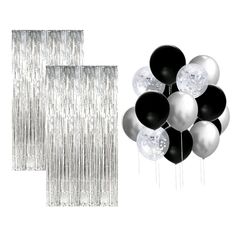 black and silver balloons with streamers hanging from the ceiling