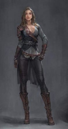 a woman with long hair and boots standing in front of a gray background wearing armor