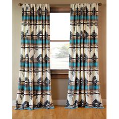 the curtains in this room are made with blue and white plaid fabric, while the window is