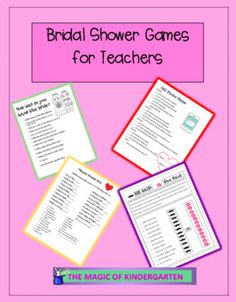 the bridal shower games for teachers is shown in pink with four pieces of paper