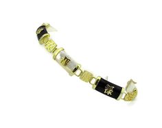 "Our Feng Shui Fortune Blessings Vermeil gold bracelet measures 8\" long x 0.39 \" (10mm ) wide. The stone links are 23mm long x 10mm wide. These panels have been Presidium II Gem tested as onyx (3 panels) and the metal has been jeweler-tested and verified as 14k gold plated over 925 sterling silver. This bracelet is in very good used condition without chips or cracks to the panels or sterling; and ,the clasp is in working order. What is Gold Vermeil? Vermeil (pronounced vehr-may) refers to a le Feng Shui Love, Onyx Bracelet, Long Life, Chain Link Bracelet, Feng Shui, Pandora Charm Bracelet, Gold Vermeil, Mother Of Pearl, Onyx