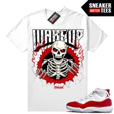 "Cherry 11's Jordan matching shirt by Sneaker Match Tees brand. Official Sneaker Match Tees shirt designed to match the Jordan 11 \"Cherry\" retro sneakers. *Sneakers are for matching purposes only, NOT included in the sale* True to size Men's shirt 100% Soft Cotton Regular Fit" Throwback White Tops For Streetwear, White Cotton Sneakers With Graphic Print, Red Graphic Print Sneakers For Streetwear, Cherry 11s Outfit, 11s Outfit, Cherry 11, Cherry 11s, Jordan 11 Cherry, Cherry Shirt