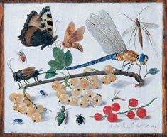 insects and berries are depicted in this painting