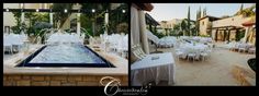 an outdoor dining area with tables and chairs next to a water feature in the center