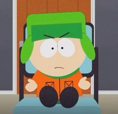 the south park character is sitting in a chair with his hands on his hips and eyes closed