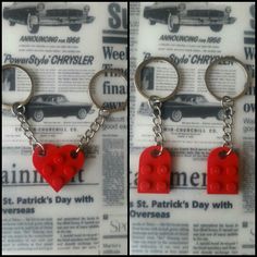 two red lego heart shaped keychains on top of a newspaper page with the words st patrick's day with love