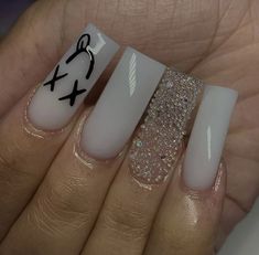 Medium Square Nails With Rhinestones, Med Nails, Sweet Nails, Nail Business, White Acrylic Nails, Classy Acrylic Nails