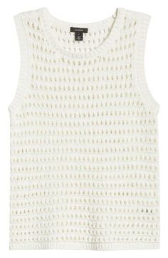 Top off with texture in this breezy open-stitched sweater knit in a sleeveless profile. 21" length Crewneck Sleeveless Sheer 60% cotton, 40% acrylic Hand wash, dry flat Imported Chic Pointelle Knit Sleeveless Sweater Vest, Chic Pointelle Knit Sweater Vest, Spring Beige Pointelle Knit Sweater Vest, Beige Pointelle Knit Sweater Vest For Spring, Chic Sleeveless Pointelle Knit Vest, Casual Open Knit Vest, Summer Layering Pointelle Knit Sweater Vest, Summer Sleeveless Pointelle Knit Sweater Vest, White Textured Knit Sleeveless Sweater Vest