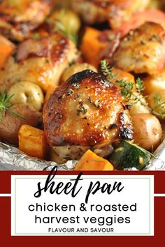 sheet pan chicken and roasted harvest veggies with text overlay that reads sheet pan chicken and roasted harvest veggies