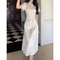 Elegant Long Qipao Summer Floral Dress for Women 2024 Chinese Cheongsam Short Sleeve Stand Collar Summer White Cheongsam With Stand Collar, Luxury Short Sleeve Elegant Cheongsam, Traditional Short Sleeve Cheongsam For Spring, Long Qipao, Elegant Floral Print Cheongsam With Stand Collar, Traditional Short Sleeve Fitted Cheongsam, Style Long Dress, Chinese Cheongsam, Split Dress