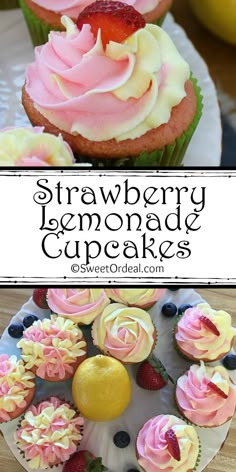 strawberry lemonade cupcakes with fresh strawberries on top