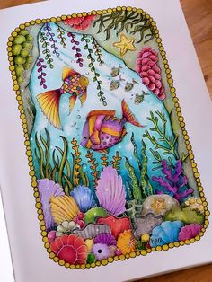 this is an image of a card with fish and corals on the bottom side