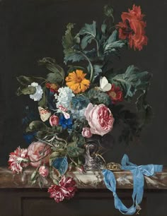 a painting of flowers in a vase on a ledge with a blue ribbon tied around it