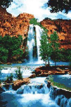 a painting of a waterfall in the mountains