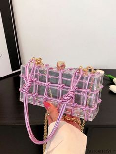 BagForLove - Chic Clear Chain Mini Box Bag with Clip Top Pink Rectangular Clutch With Chain Strap, Pink Square Box Bag For Party, Trendy Pink Rectangular Clutch, Trendy Rectangular Box Bag For Party, Pink Square Box Bag For Gifts, Purple Rectangular Box Bag For Gift, Trendy Purple Rectangular Box Bag, Rectangular Purple Box Bag As Gift, Rectangular Purple Box Bag Gift