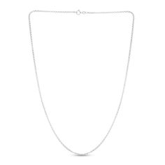 This stylish necklace features dynamic semi-solid rolo links fashioned of 14K white gold. The necklace is 20 inches long, is secured with a spring ring clasp and the links are approximately 2.0mm wide. White Gold Sterling Silver Rolo Chain Necklace, Classic Sterling Silver Necklace With Rolo Chain, Classic Oval Link White Gold Chain Necklace, Classic White Gold Necklace With Rolo Chain, Classic White Gold Oval Link Chain Necklace, Classic Necklace With Silver Chain And Oval Link, Classic Silver Chain Necklace With Oval Links, Minimalist Necklace With Rolo Chain Link, White Gold Minimalist Cable Chain Necklace