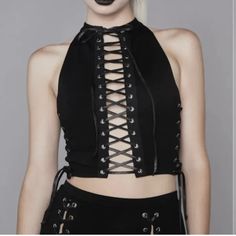 Lace Up Corset Top, New With Tags. Rare Find, Sold Out Style. Widow Brand. Black Gothic Crop Top For Spring, Gothic Black Crop Top For Spring, Black Gothic Crop Top For Summer, Cut Up T Shirt Diy, Cut Up T Shirt, Diy Cut Shirts, Camouflage Fashion, Mock Neck Tank Top, Diy Tank