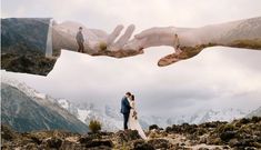 two hands reaching out to each other in front of a photo of a bride and groom