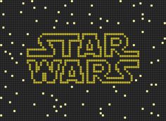 the star wars logo is shown in yellow and black pixellated text on a dark background