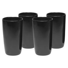 four black cups sitting next to each other