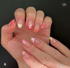 Cute Acrylic Nails Flowers, Nails With Different Designs On Each, Cute Funky Nails Summer, Europe Trip Nails, Artsy Nails Designs, Italian Nails Trends, Different Design On Each Nail, Funky Summer Nails, Detailed Nails