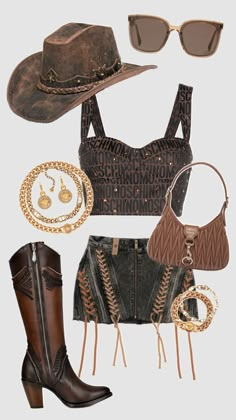 Outfit Inspo! #outfitinspo #outfit #outfitideas #concert #festival #western #cowgirl #country #countrygirl #aesthetic #aestheticgirl #fashion #fashioninspo #style #cute #brown #black #gold #trendy #fyp Gold Western Outfit, Gold Cowgirl Outfit, Brown Cowgirl Outfit, Black Cowgirl Aesthetic, Cowgirl Festival Outfit, 2000s Fashion Trends, Black Cowgirl, Ibiza Outfits