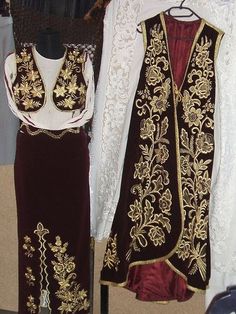 Albanian pirpiri; ladies' dress. Traditional Long Thobe With Gold Embroidery, Medieval Turkish Clothing, Traditional Ceremonial Thobe With Gold Embroidery, Bohemian Black Embroidered Thobe, Luxury Ceremonial Vestments With Intricate Embroidery, Turkish Clothing, Colored Wedding Gowns