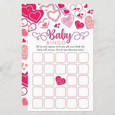 a pink baby shower game with hearts on the side and words that say, baby bingo