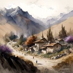 a painting of a village in the mountains