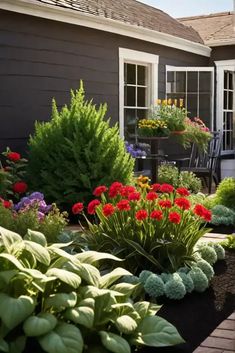 a house with flowers and plants in the front yard