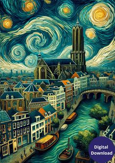 a painting of a city with buildings and boats on the river under a starry sky