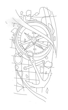 a drawing of a compass on the side of a white sheet with lines and dots