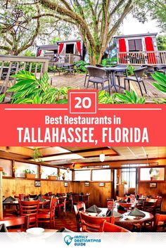 the restaurant with tables and chairs is featured in this postcard for best restaurants in tallhassee, florida