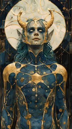 a painting of a man with horns on his head and blue hair, wearing gold armor