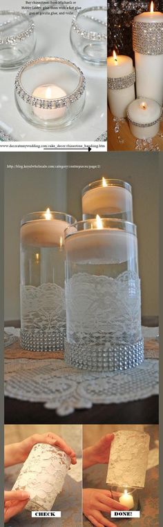 two glass candles are sitting on a doily