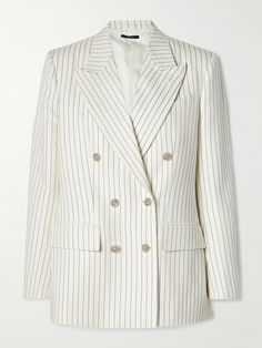 TOM FORD's blazer is made from ecru wool-blend twill contrasted by black pinstripes - they're strategically placed to draw the eye toward the slightly nipped-in waist and padded shoulders. It has a double-breasted design with sharp peak lapels and two interior pockets. Wear yours as part of a coordinating suit. Unique Blazer, Designer Jackets, Flat Dress Shoes, Blazer And Skirt, Skirt White, Sports Suit, White Blazer, Everyday Wardrobe, Black Wool