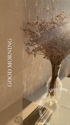 a vase filled with dried flowers sitting on top of a table next to a wall