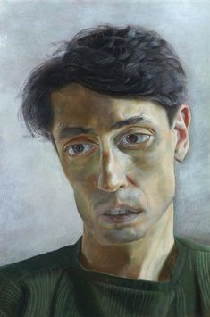 an oil painting of a man's face with black hair and green shirt on