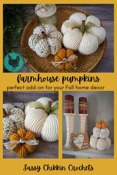 crocheted pumpkins and other fall decorations are shown in this collage with text that reads, farmhouse pumpkins perfect add - on your fall home decor