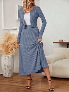 2pcs Women's Solid Color Long Sleeve Cardigan Jacket And Ribbed Midi Skirt Casual Set, Spring Autumn Navy Blue Casual    Plain  Medium Stretch  Women Clothing, size features are:Bust: ,Length: ,Sleeve Length: Long Skirt Casual Outfit, Skirt Casual Outfit, Ribbed Midi Skirt, Long Skirt Casual, Midi Skirt Casual, Knit Two Piece Set, Skirt Casual, Women Legs, Casual Skirts