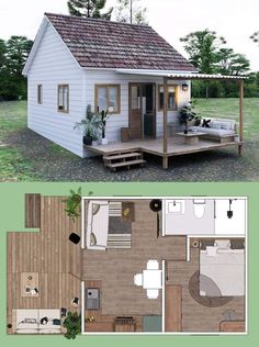 the plans for a tiny house are shown in two different views, one with a porch and