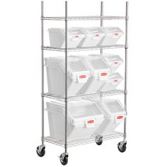 four shelves with plastic bins and wheels on each side, one is holding several white containers